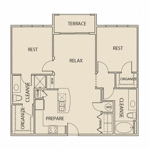 Floor plan for 2 beds, 2 baths, 1076 sqft